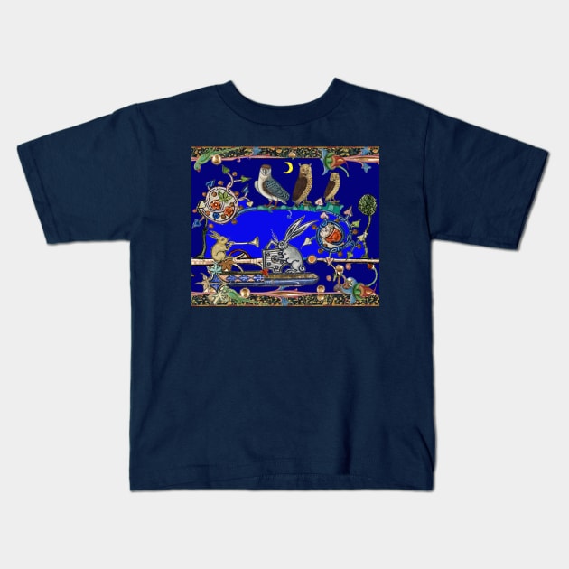 WEIRD MEDIEVAL BESTIARY MAKING MUSIC, Three Owls And Night Concert of Rabbits Kids T-Shirt by BulganLumini